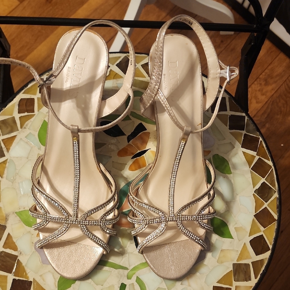 David's Bridal Tan Wedge Sandals Strappy Design